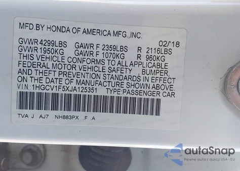 2018 Honda Accord Ex-L z USA, uszkodzony, nr VIN 1HGCV1F5XJA125351